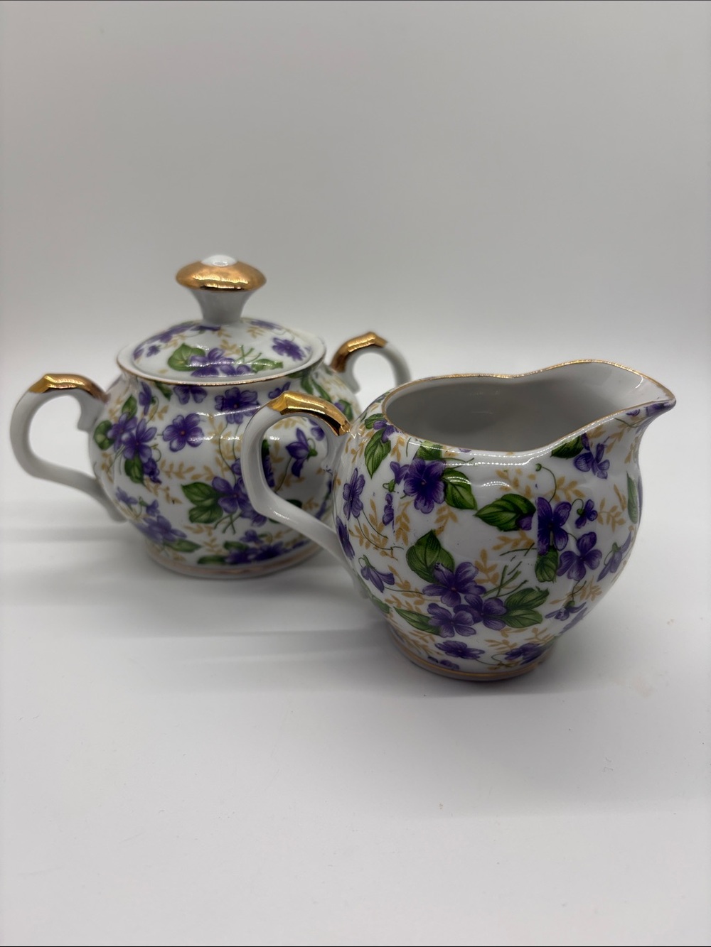 Vintage Purple Floral Porcelain Creamer and Sugar Set Gold Trim Japan Violets